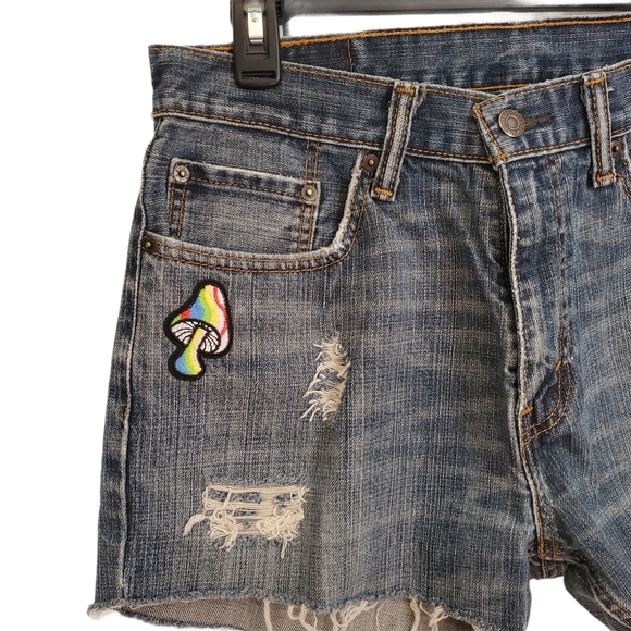 Upcycled Levi Distressed Mushroom Patch Shorts - Picture 2 of 7